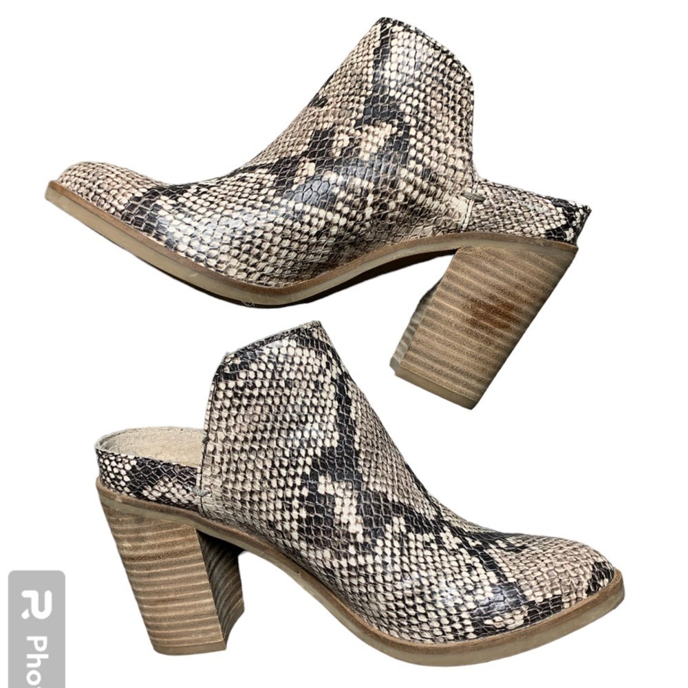 Dolce Vita Selene Faux Snakeskin Mules Black Tan Block Heel Pointed Toe Shoe 6.5